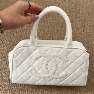 Chanel White Leather Bowling Bag with Gold Hardware